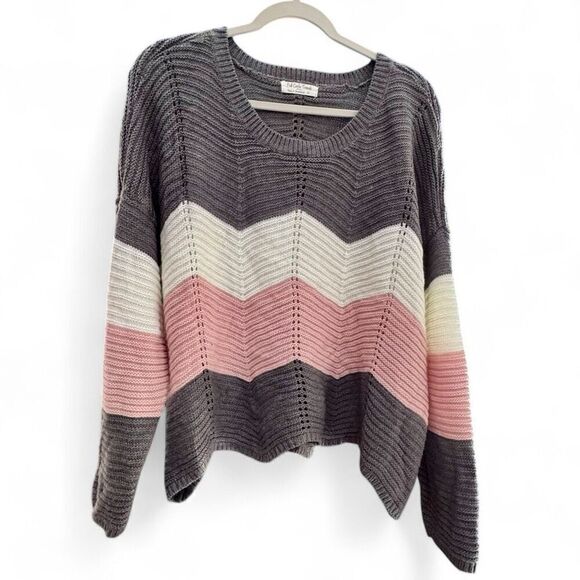 Full Circle (2X) Colorblock Round Neck Knit Sweater, Pink + Gray Chevron - Picture 1 of 4